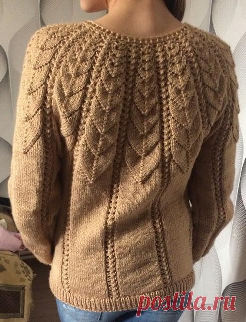 Свитер с ажурной кокеткой + расчет петель для круглой кокетки спицами.