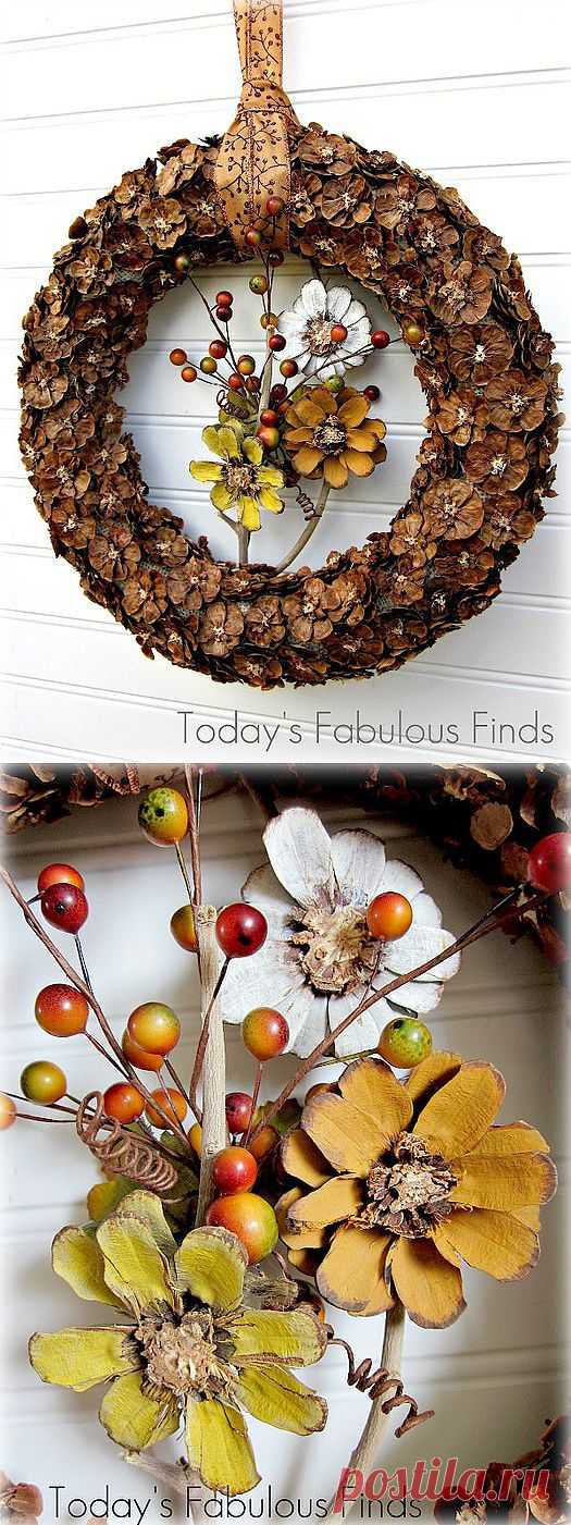 Осенний декор. ВЕНОК И ЦВЕТЫ ИЗ ШИШЕК. Мастер-класс.