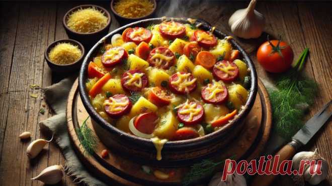 Готовим в горшочках: пикантное блюдо с овощами и охотничьими колбасками