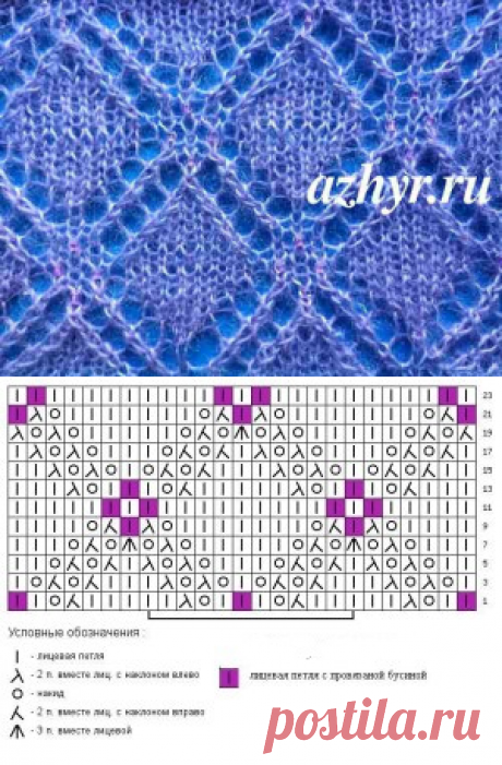Ажурные ромбы - узор спицами Схема | Ажур