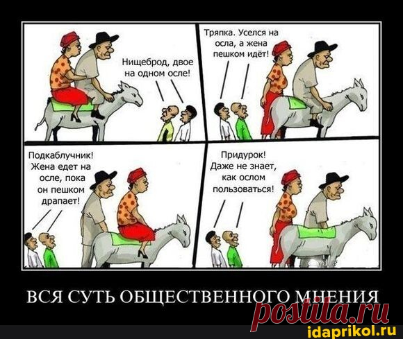 Тряпка. Уселся на осла, а жена пешком идёт! Нищеброд, двое на одном осле! Придурок! Даже не знает, как ослом пользоваться! ВСЯ СУТЬ ОБЩЕСТВЕННОГО МНЕНИЯ - seo.title