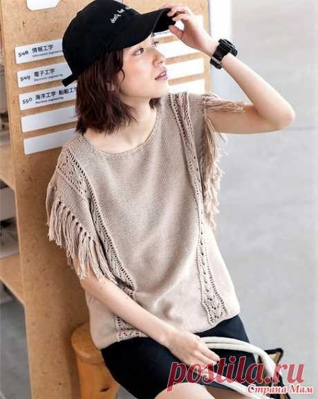 Летний топ с вертикальными ажурными вставками и бахромой по проймам. Спицы. - ВЯЗАНАЯ МОДА+ ДЛЯ НЕМОДЕЛЬНЫХ ДАМ - Страна Мам