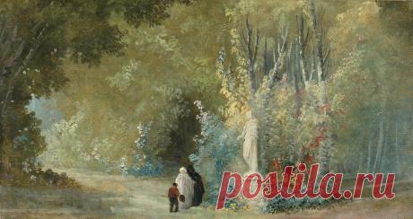 Гюбер Робер Пейзаж с тремя фигурами перед статуей (Landscape With Three Figures Before A Statue)_20.6 х 37.7_бумага на холсте, масло_Частное собрание