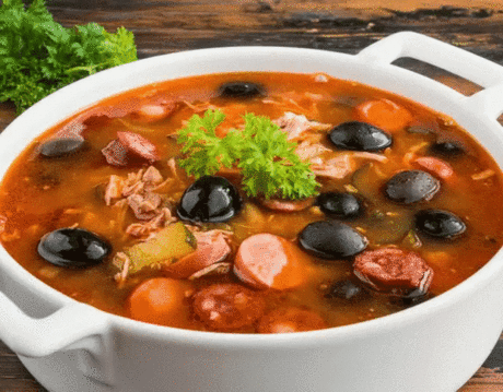 Солянка мясная сборная 
Продукты: 
-Филе куриное — 200–250 г 
-Изделия мясные — 350 г 
-Изделия колбасные — 350 г 
-Огурец маринованный — 2 шт. 
-Рассол — 1/2 ст. 
-Маслины — 1/2 банки 
-Лук — 1 шт. 
-Морковь — 1 шт. 
-Паста томатная — 1 ст. л. 
-Чеснок — 1-2 дольки 
-Зелень по вкусу 
-Соль по вкусу 
-Перец черный по вкусу 
-Перец красный по вкусу 
-Лимон — 1 шт. 
-Рис — 1/3 ст. 
-Картофель — 1–2 шт. 
Приготовление: 
1. Подготовьте ингредиенты. 
2. В кастрюлю налейте чуть больше половины воды,