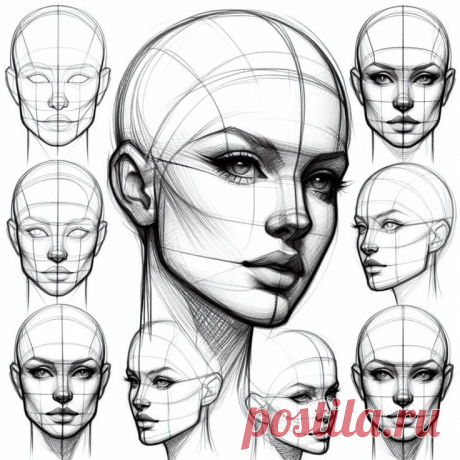 Рисунок. Лицо женское. Ракурсы.