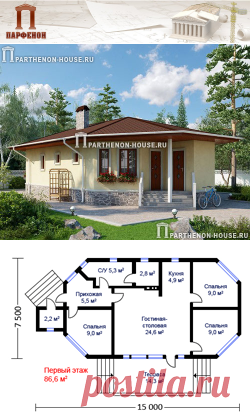 Проект небольшого одноэтажного домика НД 86-7
Площадь общая: 86,70 кв.м.
Высота этажа: 2,80 м. 

Технология и конструкция: строительство дома в каркасе.
Фундамент: монолитный ленточный ж/б.
Наружные стены: деревянные стойки каркаса из бруса сечением 150 х 150 мм.
Междуэтажное перекрытие: деревянные балки.
Кровля: покрытие - битумная черепица.
Наружная отделка: цоколь - камень, стены - сайдинг.