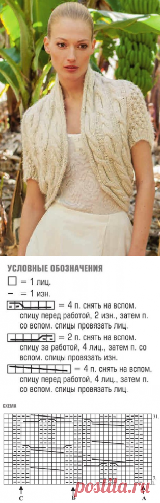 Женское болеро с коротким рукавом, вязаное спицами.