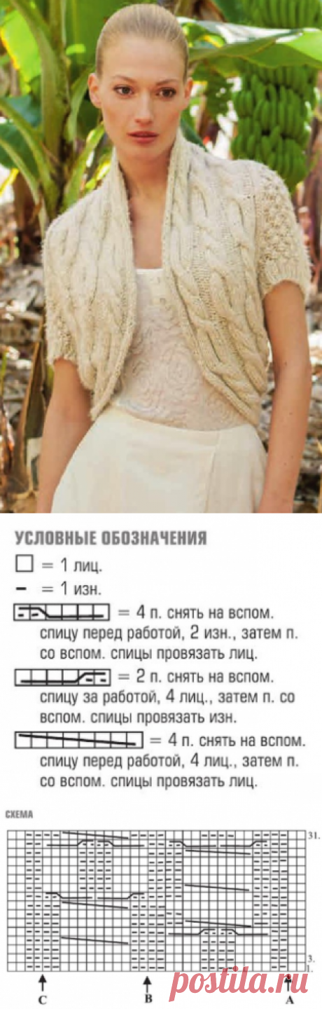 Женское болеро с коротким рукавом, вязаное спицами.