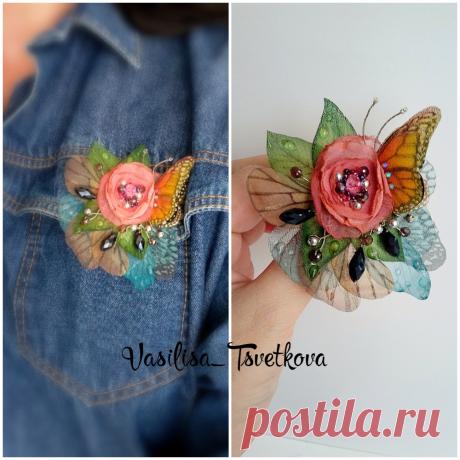 Бабочки из шелка, шифона, органзы. Брошь бабочка