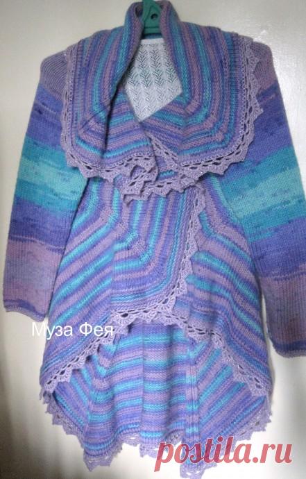 Жакет-накидка  "Цветок папоротника" по кругу, на спицах.