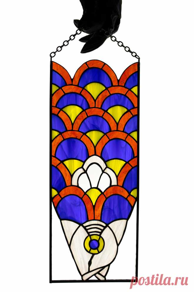 Stained glass panel Fish Suncatcher Window hanging Wall decor Stain gl Fish window hanging panel made of stained glass pieces by my own disign.Handmade using Tiffany copper foil technique.Looks amazing in the lights of a sun.You will get it completely ready for installation. It comes with a self-adhesive hook and copper chain.It will be a great gift for friends or relatives. Width: 5.5 in