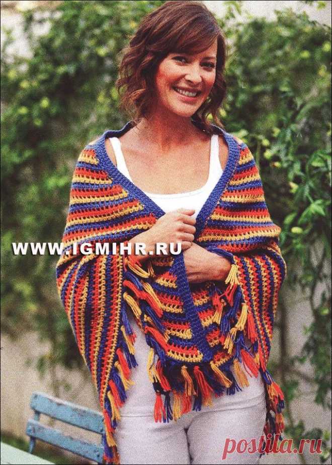 Большая треугольная шаль в разноцветные полоски. Крючок.