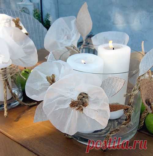 Нежная композиция из джута и бумажных цветов. Мастер-класс.