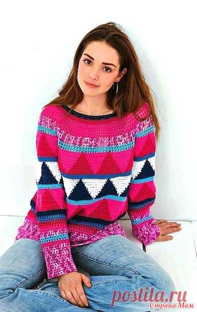 . Под углом. Яркий пуловер с геометрическими узорами. - Все в ажуре... (вязание крючком) - Страна Мам
