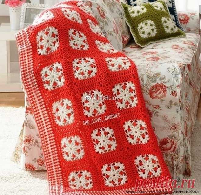 ПЛЕД ИЗ МОТИВОВ СО СНЕЖИНКАМИ. КРЮЧОК