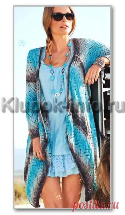 Вязание спицами. Женские модели. Летний жакет с углами, с воздушным узором из пряжи секционного крашения. Размеры: 36/38 (42/44)