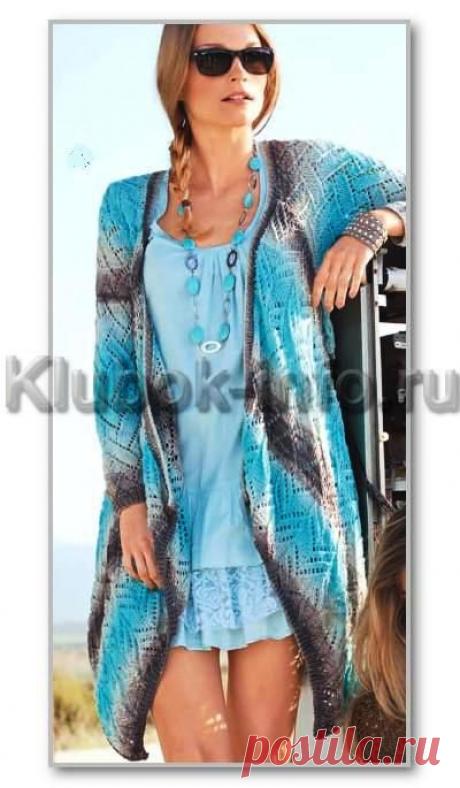 Вязание спицами. Женские модели. Летний жакет с углами, с воздушным узором из пряжи секционного крашения. Размеры: 36/38 (42/44)