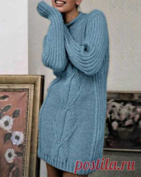 Уютное платье - Связано всё....! Это платье, связанное спицами и украшенное вертикальным рисунком крупной фактуры, смотрится эффектно и подходит женщинам с любой фигурой, так как вертикальные полосы помогут скрыть её некоторые недостатки. Связано платье из мохеровой пряжи, что позволит вам чувствовать себя в нём уютно и комфортно в холодную погоду. Размеры: 44-46. Вам потребуется: пряжа CAMELOT (67% суперкид-мохер, 3% шерсть, 30% полиамид; 500 м/50 г.) 350 г голубого цве...