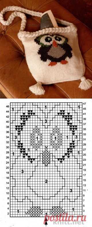 Вязаная сумка с мотивом сова в технике жаккард | knitt.net | Все о вязании
