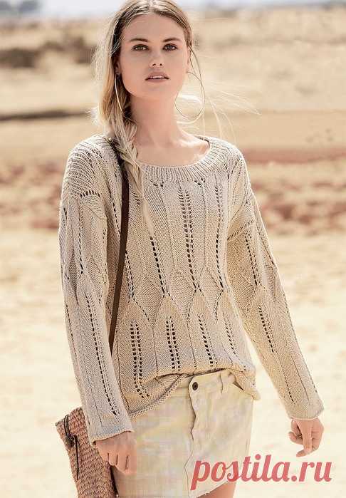 БЕЖЕВЫЙ ПУЛОВЕР С АЖУРНЫМИ ДОРОЖКАМИ И РОМБАМИ. Вязание спицами
