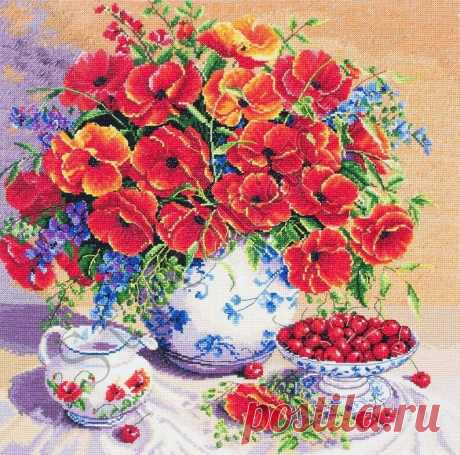 Cross Stitch Kit Poppies Cherries Bouquet Floral Hand | Etsy
