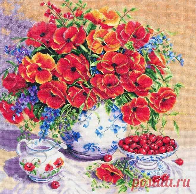 Cross Stitch Kit Poppies Cherries Bouquet Floral Hand | Etsy