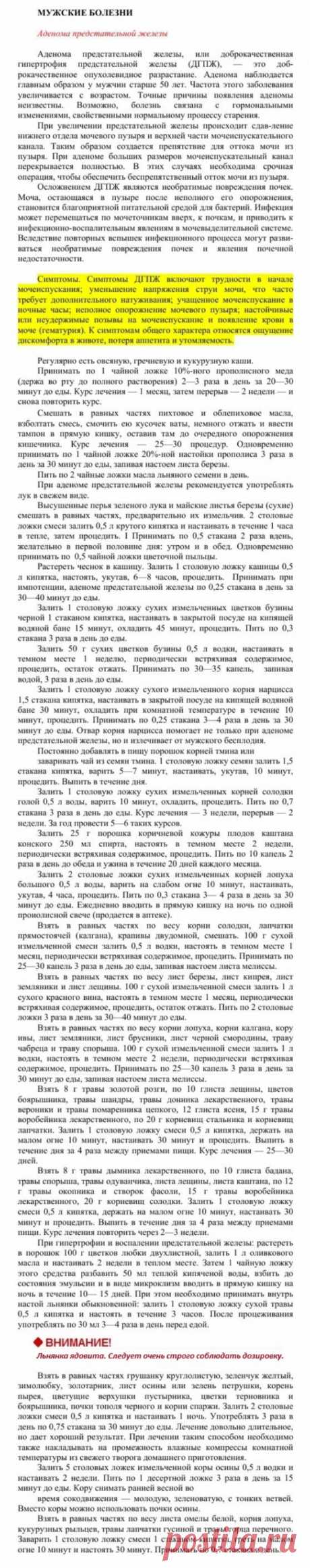 Аденома предстательной железы.
Травник. Золотые рецепты народной медицины. Универсальный справочник. Москва 2007