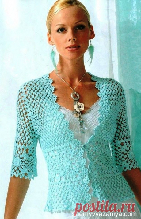 Жакет крючком бирюзовый, мелкими цветочками, по талии вставка мотивами ИК