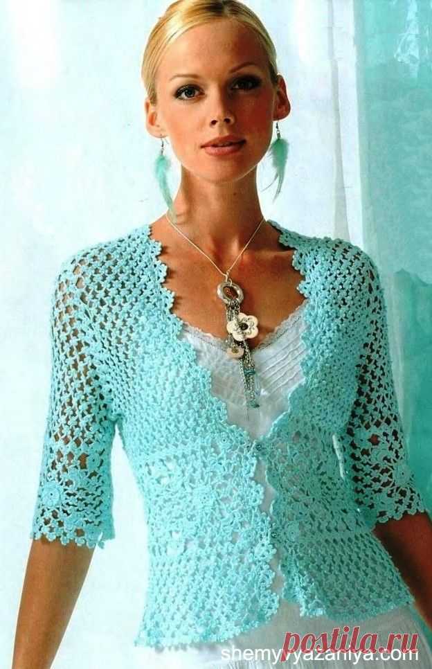 Жакет крючком бирюзовый, мелкими цветочками, по талии вставка мотивами ИК