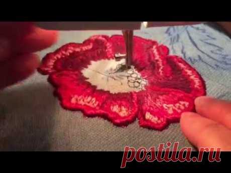 Машинная вышивка. Вышивка гладью цветка мак. 1 часть. Sticken mit der Nähmaschine. Embroidery.