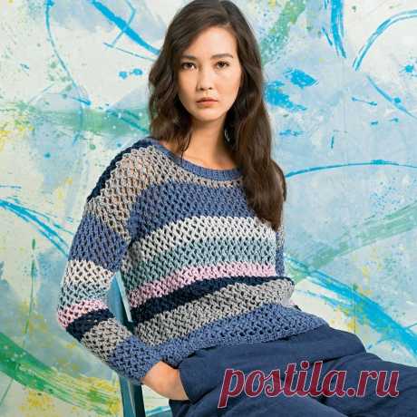 Сетчатый джемпер в полоску из пряжи шести цветов. Спицами. / knittingideas.ru