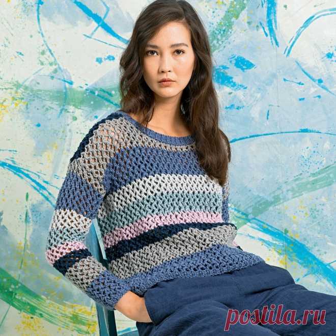 Сетчатый джемпер в полоску из пряжи шести цветов. Спицами. / knittingideas.ru