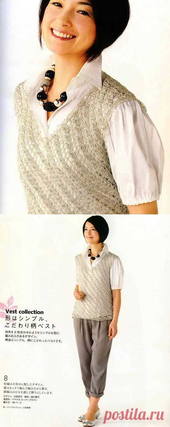 АЖУРНЫЙ ЖИЛЕТ С ДИАГОНАЛЬНЫМ УЗОРОМ КРЮЧКОМ.