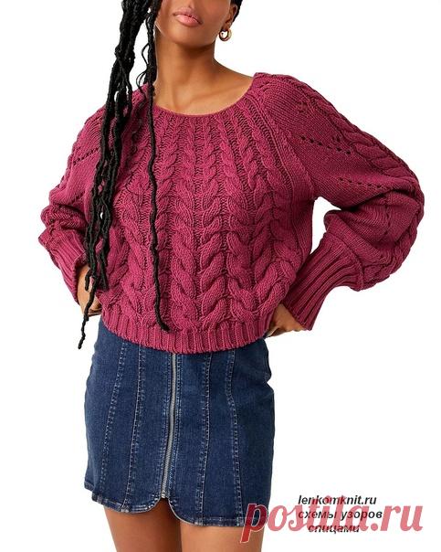 Запись на стене Джемпер Free People, схемаДжемпер с рукавом-реглан, связан отдельными деталями снизу вверх. Выглядит как круглая кокетка, потому что линия реглана вывязывается только у рукавов, а перед и спинка вяжутся по типу круглой кокетки (увеличивается раппорт узора).На схеме - жгут, расширяющийся по вязанию сверху вниз на круговых спицах. Раппорт в начале 6 петель, в конце - 18 петель.