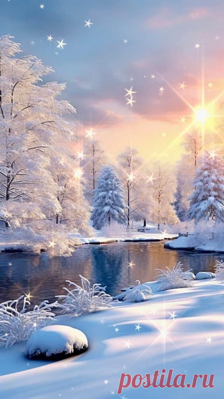 a winter scene with snow covered trees, water and stars in the sky above it