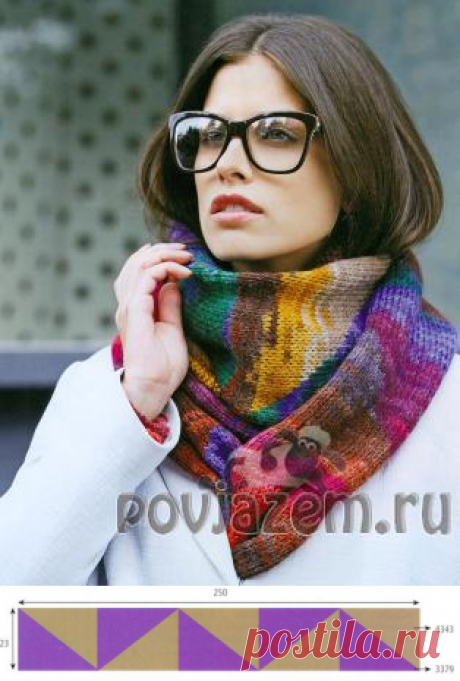 Разноцветный шарф выполнен спицами из пряжи двух разных цветовых гамм секционного крашения. / povjazem.ru