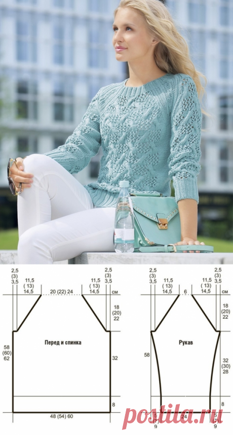Нежный бирюзовый джемпер с красивым узором спицами