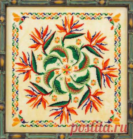 Strelitzia GP-259 pattern Strelitzia, The Bird of Paradise Flower, GP-259 Strelitzia reginae, the scientific name for the Bird of Paradise, is an ornamental plant that has two erect, pointed petals and five stamens. It has one main bract, shaped like a boat, and is green with red borders. It holds many long-stemmed, orange and bright-blue flowe