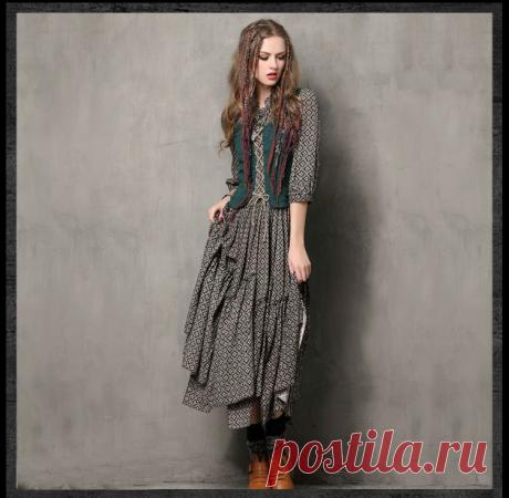 Платье Винтажный Три Четверти Лето , Стиль женщины 2015 Yuzi туника хлопок Combo воротник мандарин рукав макси Vestido 6526 купить на AliExpress