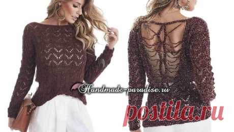 Пуловер с открытой спиной спицами - Handmade-Paradise Пуловер с открытой спиной спицами связан из оригинальной  фантазийной пряжи бордового цвета с люрексом. Для создания модели понадобится умение вязать крючком