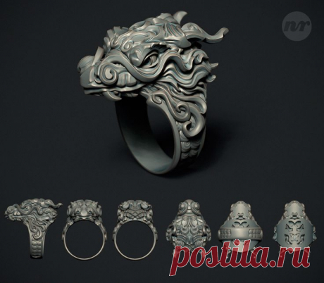 Кольцо. Мужское кольцо. Дракон. 3D модель.