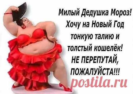 Здравствуй, Дедушка Мороз! 
Надоел мне твой склероз! 
Мне уж скоро 35... 
Сколько мне еще писать??? 
 
Поначалу шло все мило: 
Что просила - то и было - 
Санки были, кукла Маша 
И велосипед был даже! 
 
Ну а лет так с 20-ти 
Ты как-будто "не в сети"! 
Что ты даришь мне, алё!? 
Это явно не мое!!! 
 
Я просила мужика, 
А принес ты мне кота... 
И ладно б, кот меня любил, 
Нет же, в тапки навалил! 
 
Потом просила Мерседес, 
И тут тоже не прогресс: 
Подарил мне Жигули, 
Господ...