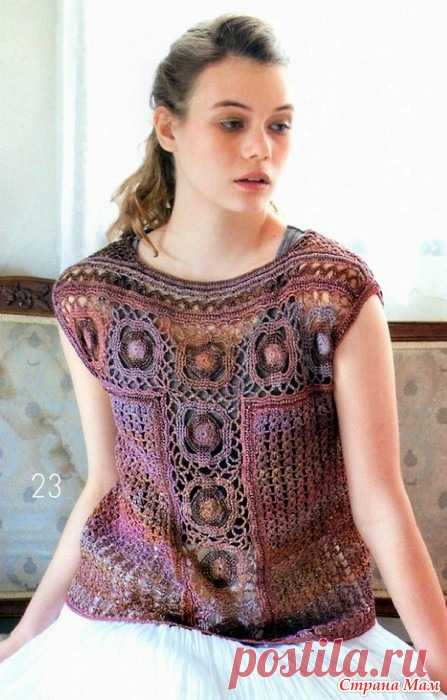 Эффектная кофточка со вставками из мотивов. Крючок. LKS_80344 2013