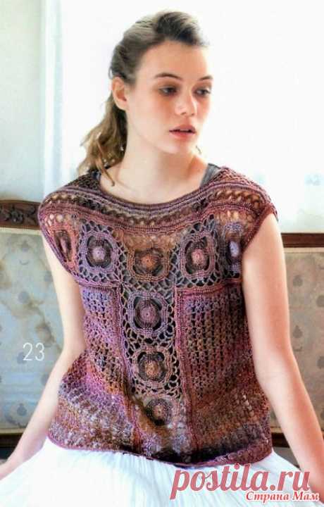 Эффектная кофточка со вставками из мотивов. Крючок. LKS_80344 2013