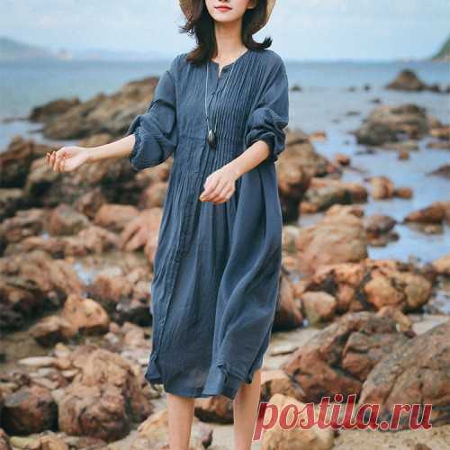 Handmade blue gray linen Tunics Organic Catwalk o neck pockets Art Summer Dresses Classy o neck pockets tunics for women Vintage Wardrobes blue gray Knee Dress SummerCustom make service available! Please feel free to contact us if you want this dress custom made. Materials used:linen Measurement: Size L/US16-18/EUR44 length 106cm / 41.34Shoulder 47cm / 18.33