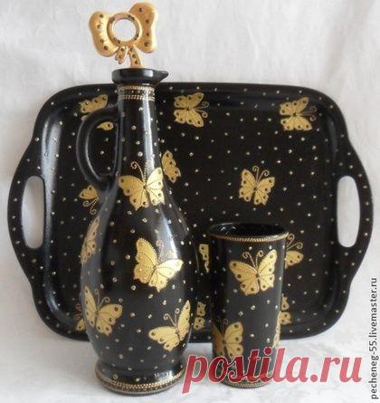 Купить Графин и вазочка "Золотые бабочки" - кувшин, ваза для цветов, посуда с росписью