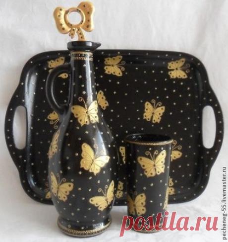 Купить Графин и вазочка &quot;Золотые бабочки&quot; - кувшин, ваза для цветов, посуда с росписью