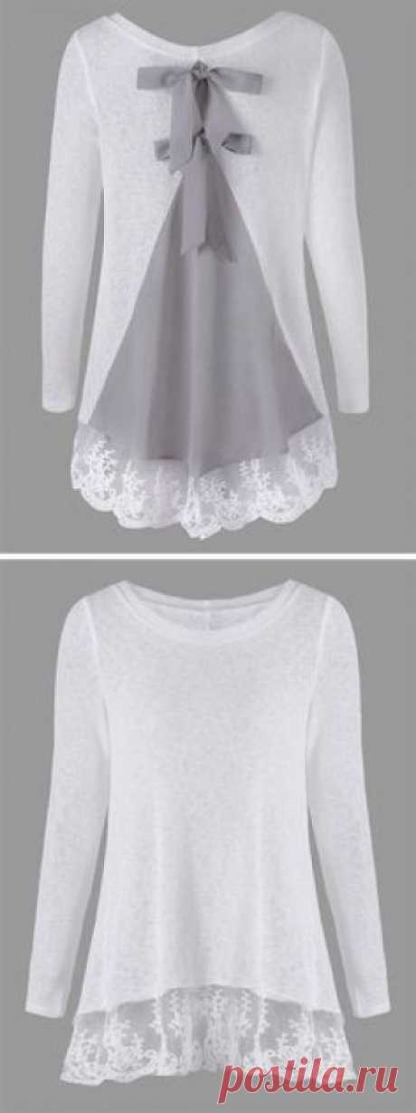 sweater outfits:Back Bowknot Lace Panel Long Sleeve Knit Top