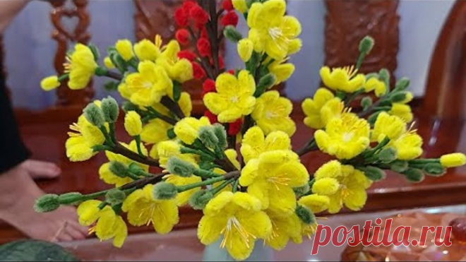 Làm hoa mai bằng kẽm nhung (DIY apricot blossom with pipe cleaner) | NancyMade