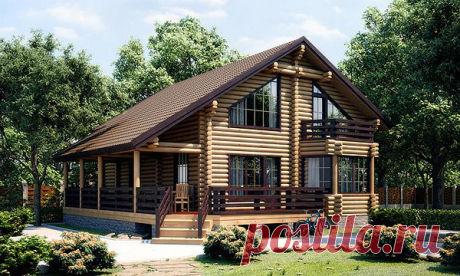 Двухэтажный коттедж с мансардной крышей и угловой террасой Киров | ООО Рубикон. Оцилиндрованное бревно Кировская область